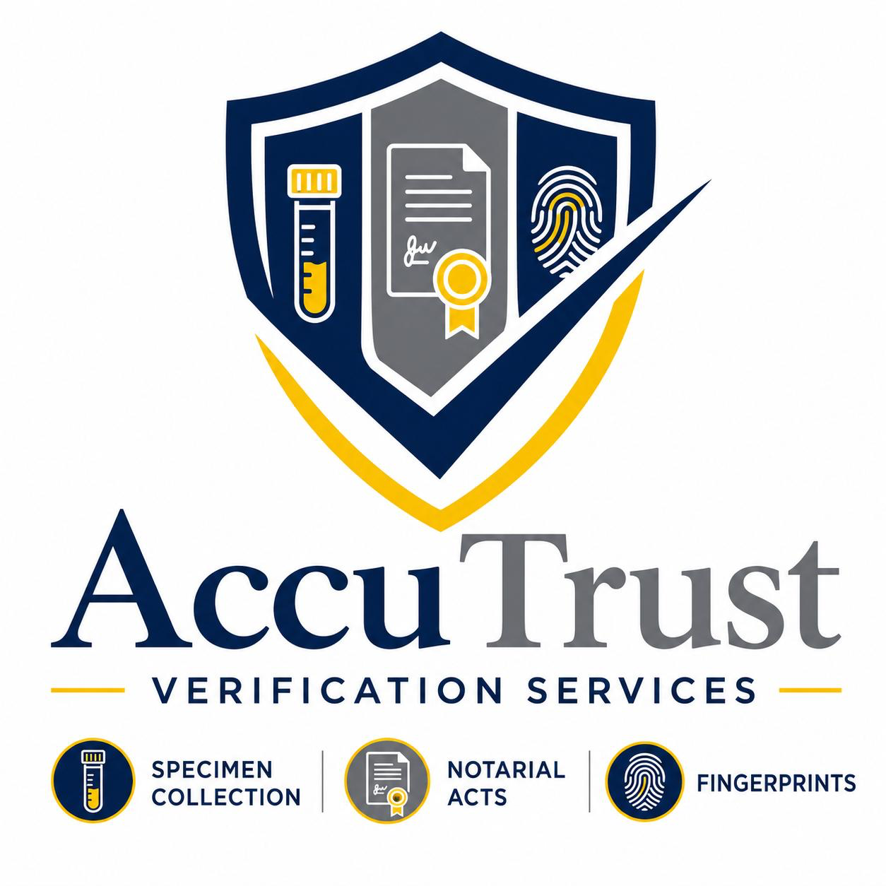 AccuTrust shield representing specimen collection, notarial acts, and fingerprints